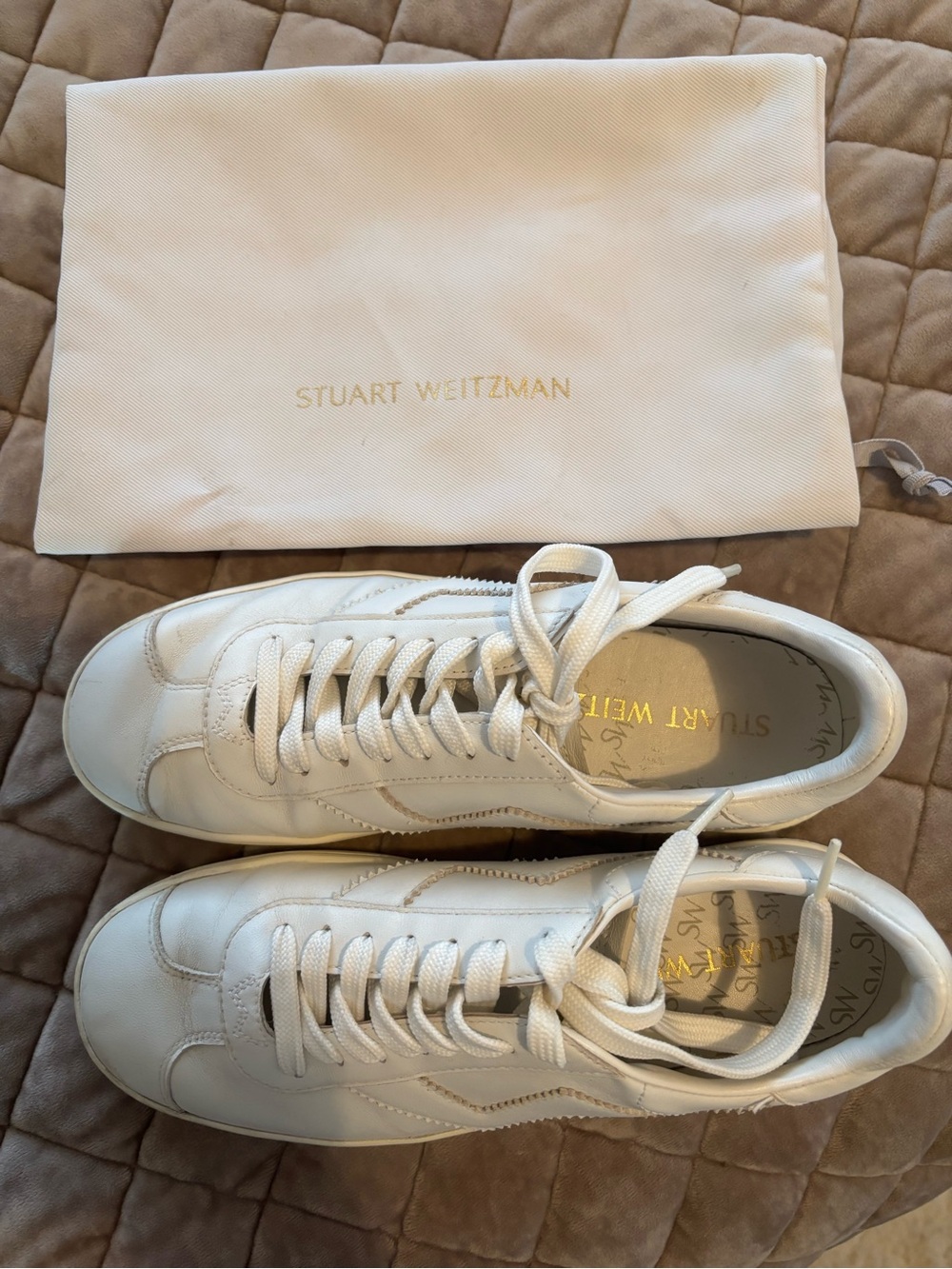 Stuart Weitzman White Leather Low-Top Sneakers